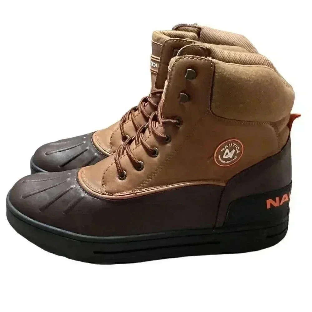 Nautica Padden Mens 10 Waterproof Insulated Lace Up Duck Boots Brown Vegan NEW
